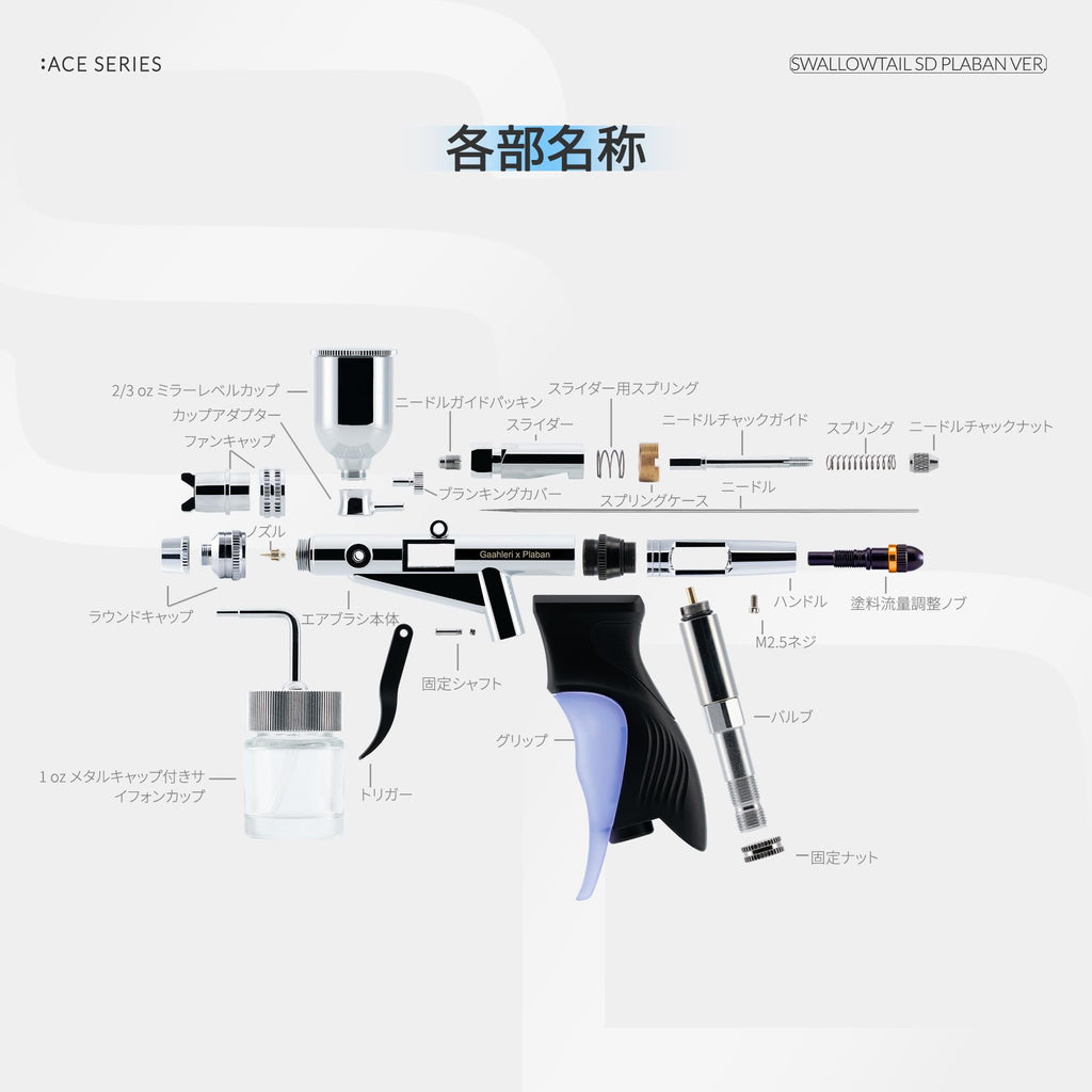 Gaahleri × Plaban Collaboration Airbrush – GHAC-Swallowtail Plaban Co-Artist Dual-Action Trigger-Type Airbrush, Self-Centering Drop-In Nozzle, 0.28 & 0.5 mm, for Model Painting